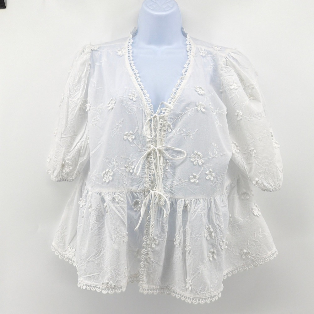 Joie Blouse Women XL White Excellent Floral Eyelet Lace Up Peplum Puff Sleeve